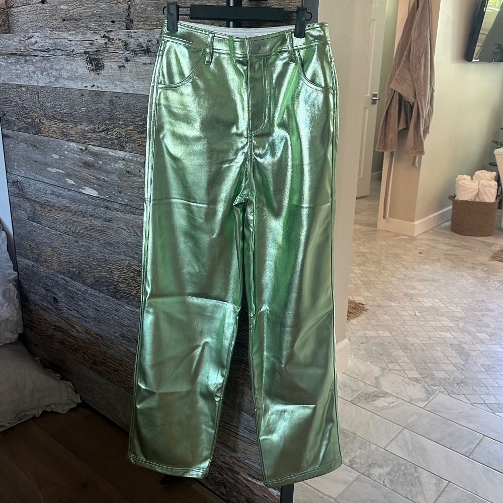 TOPSHOP Metallic Green Faux Leather Pants Straight Leg High Rise Size 4 - Picture 2 of 11